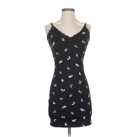 Divided X H&M Black Coquette Ribbed Butterfly Mini Dress Y2K Revive Grunge S - Picture 3 of 14